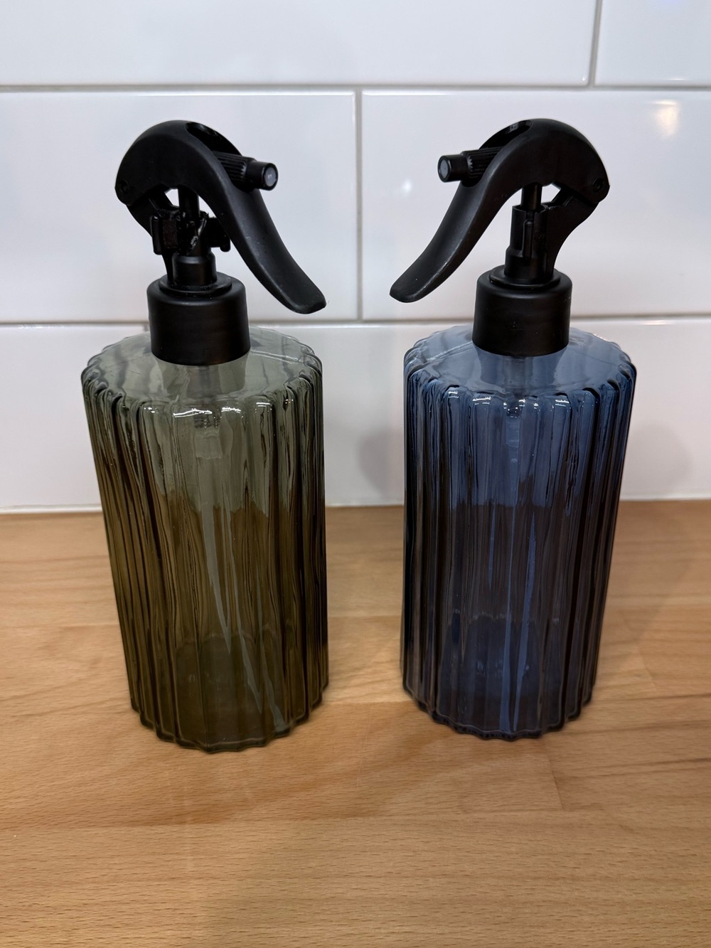 Bullseye's Ribbed Glass Spray Bottles | Olive Green & Slate Blue